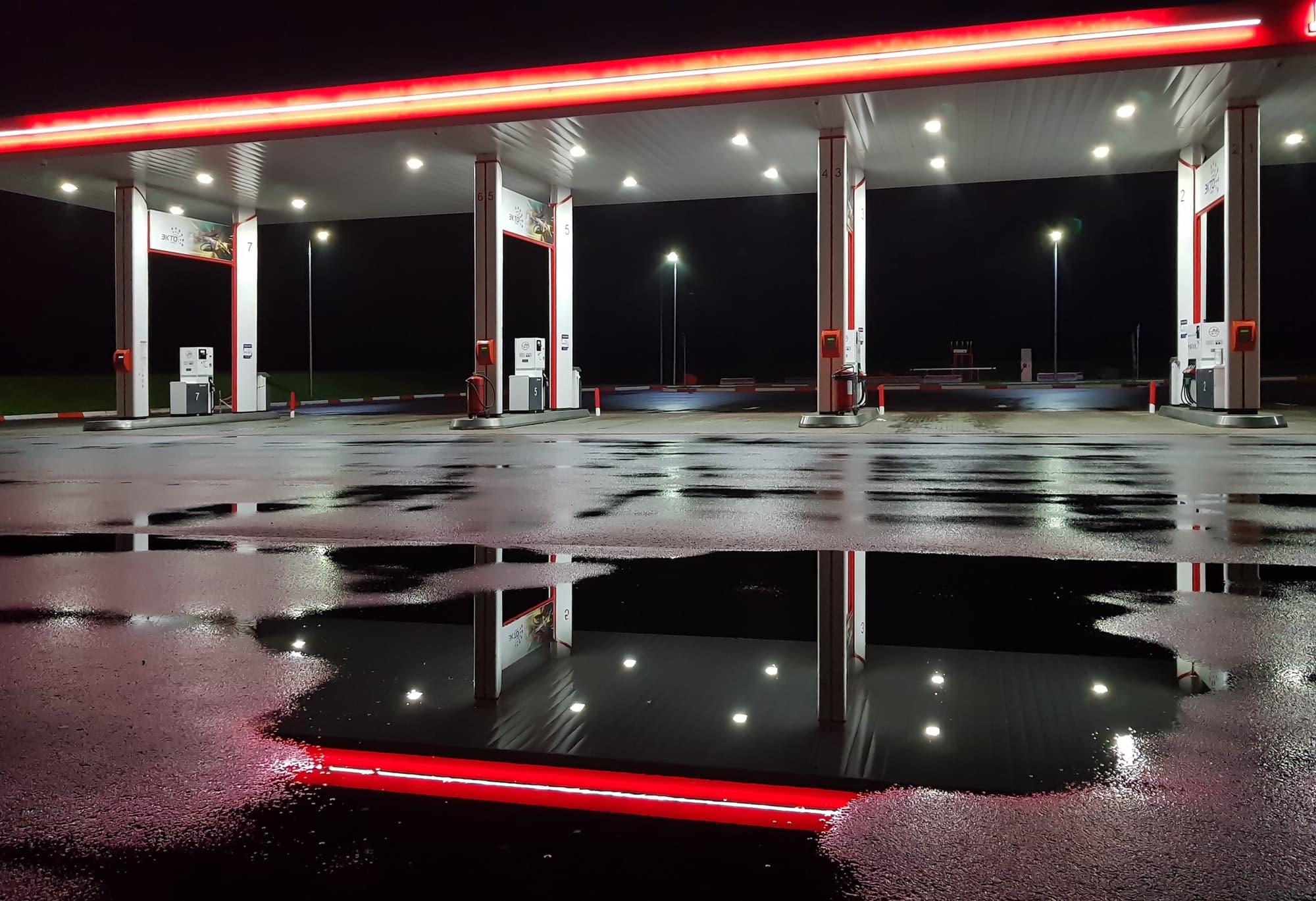 empty gas station with no cars, people and staff at night